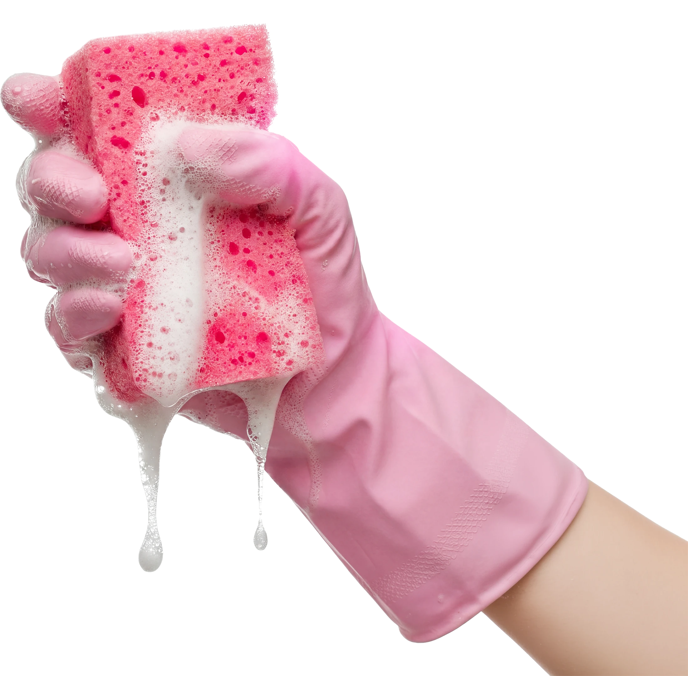 Gloved hand squeezing a soapy sponge